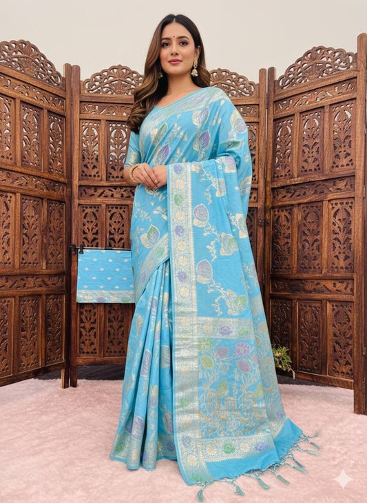 Ratatouille Sky Banarasi Dola Silk Saree With Dissemble Blouse Piece