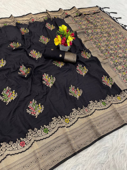 Gratifying Black Banarasi Georgette Silk Saree With Symmetrical Blouse Piece
