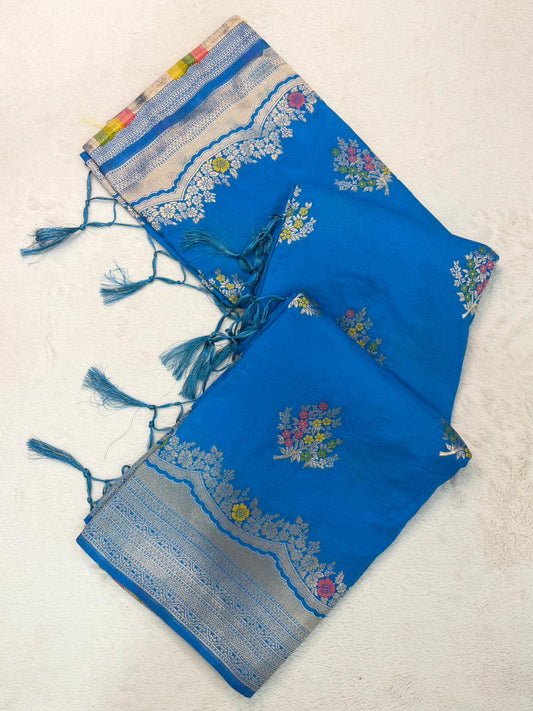 Demesne Blue Banarasi Georgette Silk Saree With Felicitous Blouse Piece
