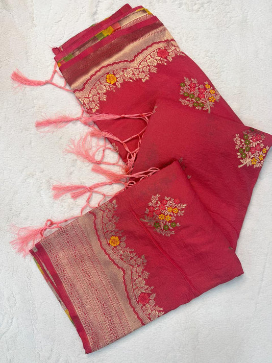 Exceptional Pink Banarasi Georgette Silk Saree With Impressive Blouse Piece