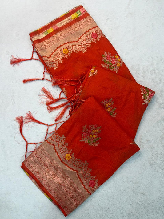 Sonorous Red Banarasi Georgette Silk Saree With Eloquence Blouse Piece