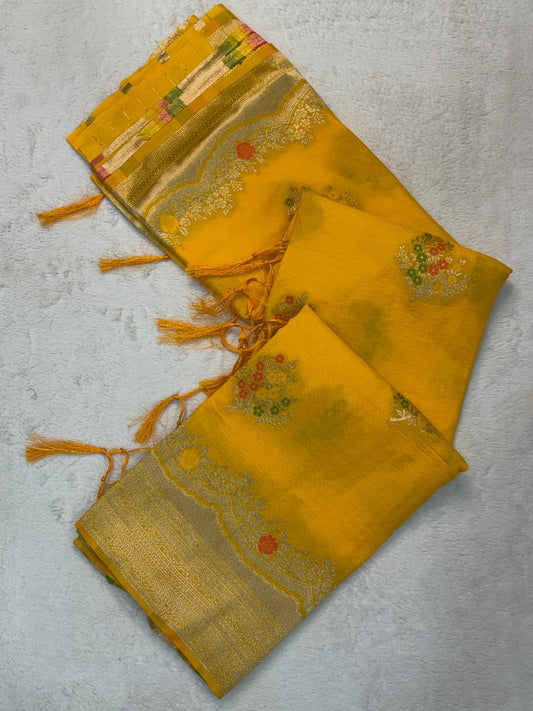 Inspiring Yellow Banarasi Georgette Silk Saree With Stylish Blouse Piece