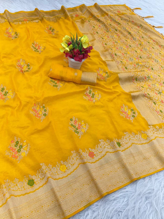 Inspiring Yellow Banarasi Georgette Silk Saree With Stylish Blouse Piece