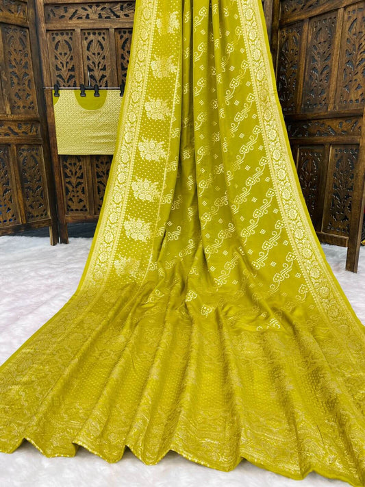 Serendipity Mehndi Banarasi Dola Silk Saree With Panoply Blouse Piece