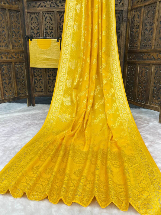 Adorable Yellow Banarasi Dola Silk Saree With Fancifull Blouse Piece