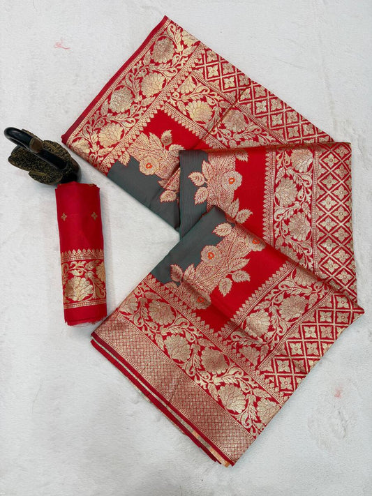 Nectarous Multicolor Pure Zari Weaving Banarasi Silk Saree With Ailurophile Blouse Piece
