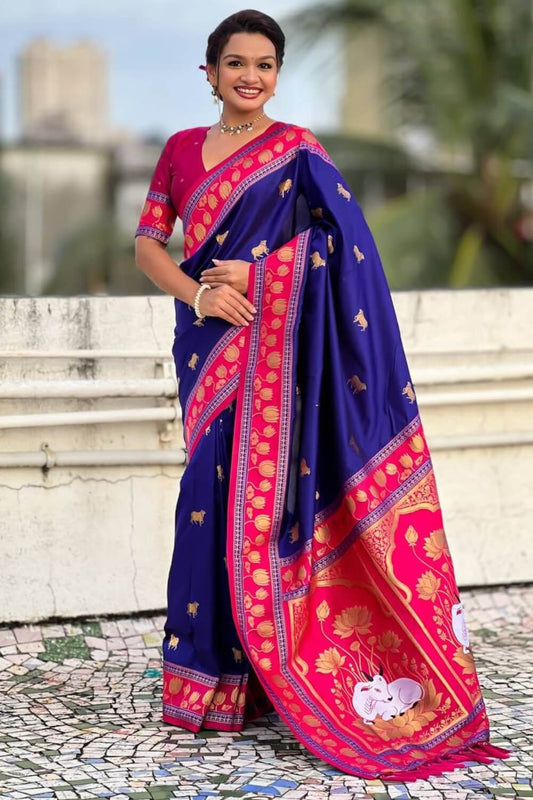 Eloquence Navy Blue Banarasi Pichwai Silk Saree With Glamorous Blouse Piece