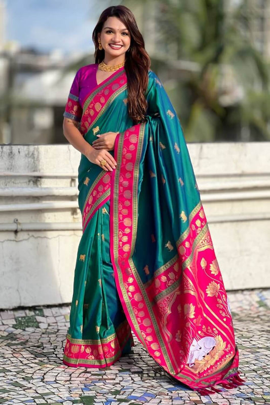 Sensational Rama Banarasi Pichwai Silk Saree With Ailurophile Blouse Piece