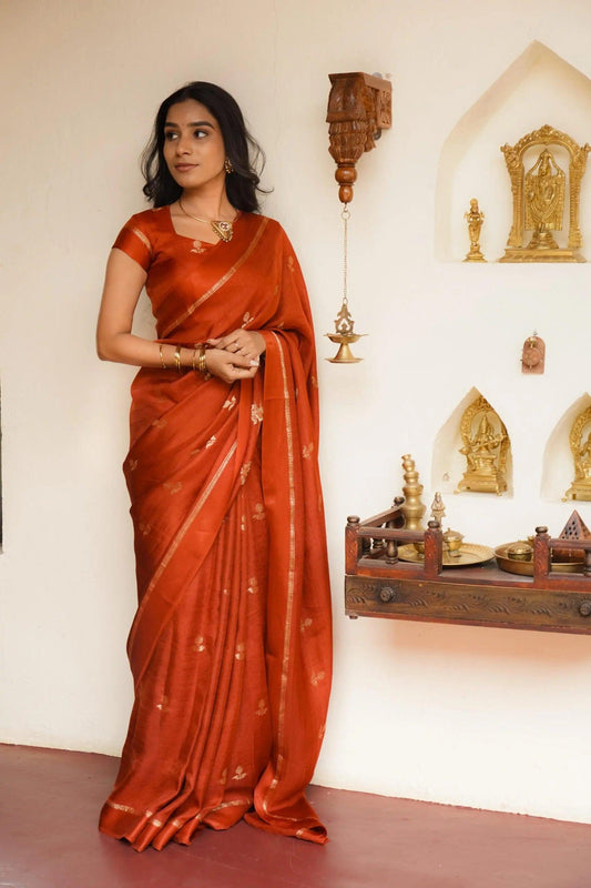 Unique Orange Banarasi Khadi Silk Saree With Staring Blouse Piece