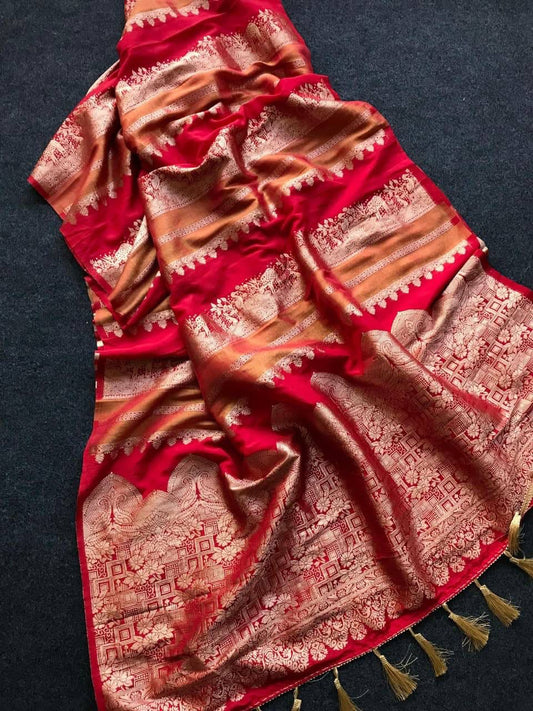 Cynosure Red Banarasi Dola Silk Saree With Brood Blouse Piece
