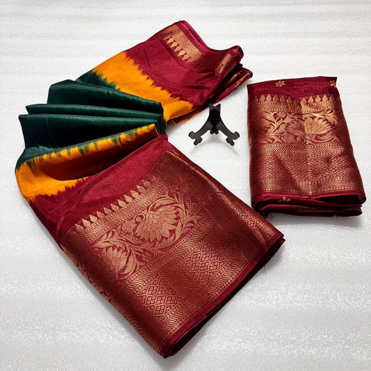 Susurrous Dark Green Banarasi Dola Silk Saree With Alluring Blouse Piece