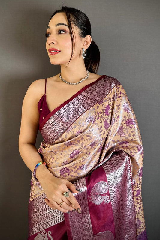 Designer Beige Kanjivaram Silk Saree With Pleasurable Blouse Piece