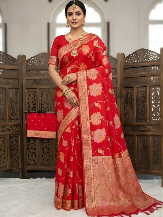 Scintilla Red Banarasi Dola Silk Saree With Gossamer Blouse Piece