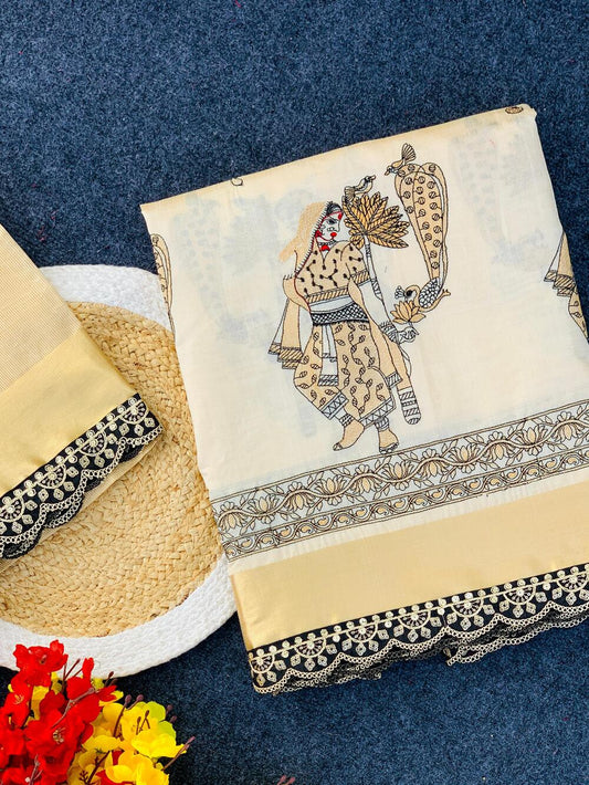 Verdant Off White Kalamkari Thread Work Tussar Silk Saree With Delectable Blouse Piece