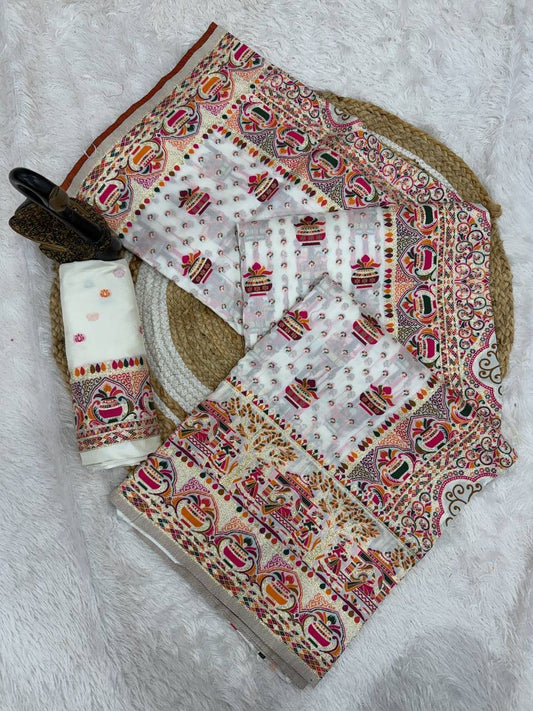 Desirable Off White Pashmina Saree With Splendorous Blouse Piece