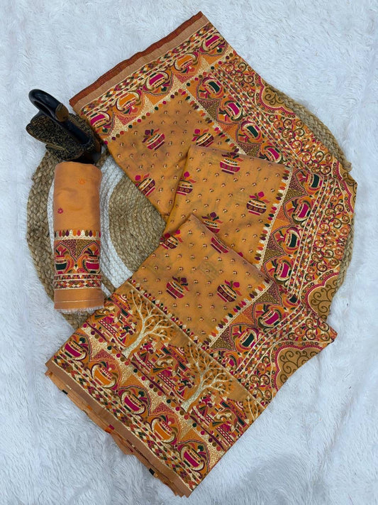 Transcendent Yellow Pashmina Saree With Brood Blouse Piece