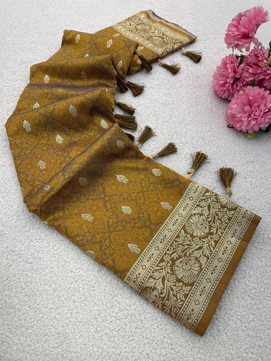 Exceptional Mustard Pure Zari Weaving Banarasi Silk Saree With Adorable Blouse Piece