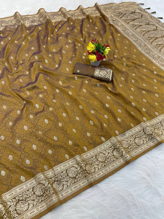 Exceptional Mustard Pure Zari Weaving Banarasi Silk Saree With Adorable Blouse Piece