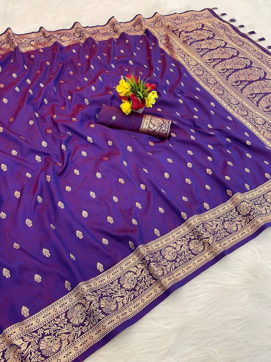 Glittering Purple Pure Zari Weaving Banarasi Silk Saree With Chatoyant Blouse Piece