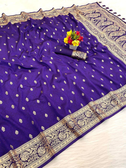Fugacious Royal Purple Pure Zari Weaving Banarasi Silk Saree With Enigmatic Blouse Piece