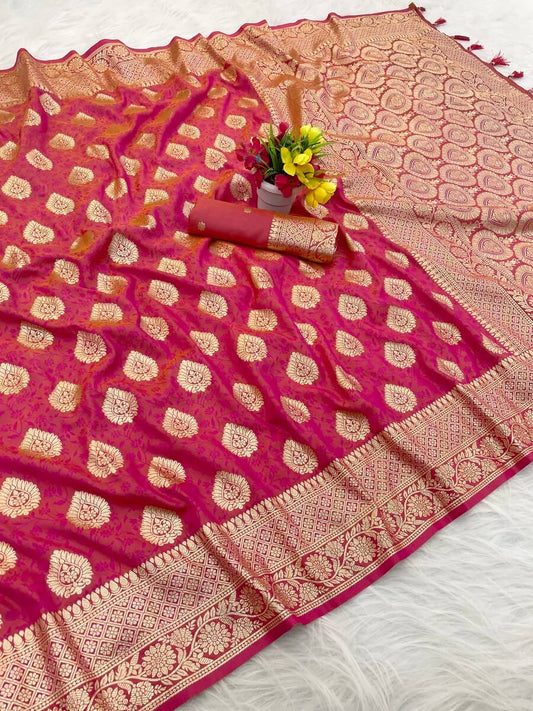 Traditional Dark Pink Pure Zari Weaving Banarasi Silk Saree With Most Impressive Blouse Piece