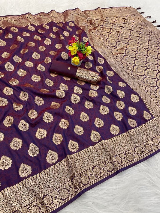 Girlish Wine Pure Zari Weaving Banarasi Silk Saree With Epiphany Blouse Piece