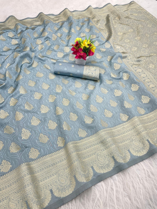 Whimsical Grey Soft Silk Saree With Outstanding Blouse Piece