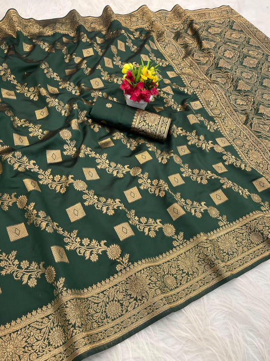 Fancifull Dark Green Soft Silk Saree With Rhapsodic Blouse Piece