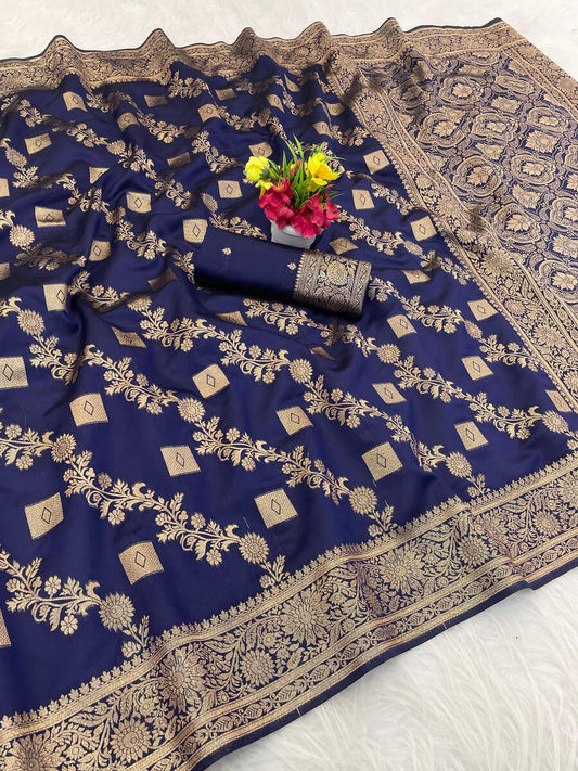 Evocative Navy Blue Soft Silk Saree With Ephemeral Blouse Piece