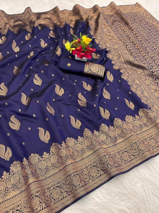 Sumptuous Navy Blue Soft Silk Saree With Allure Blouse Piece