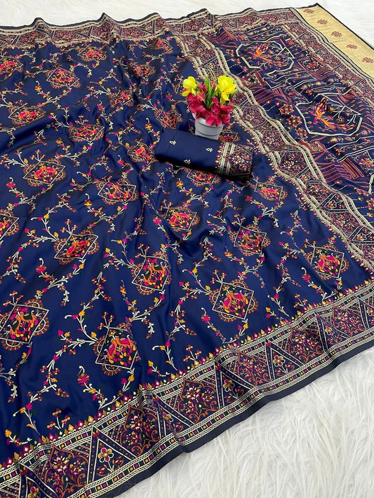 Excellent Navy Blue Pashmina Saree With Vivacious Blouse Piece