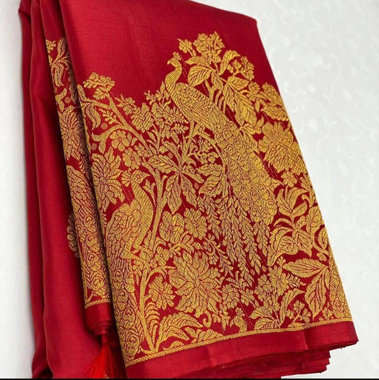 Smashing Red Soft Banarasi Silk Saree With Pleasurable Blouse Piece