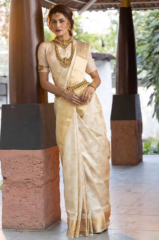 Ideal Beige Soft Banarasi Silk Saree With Tempting Blouse Piece