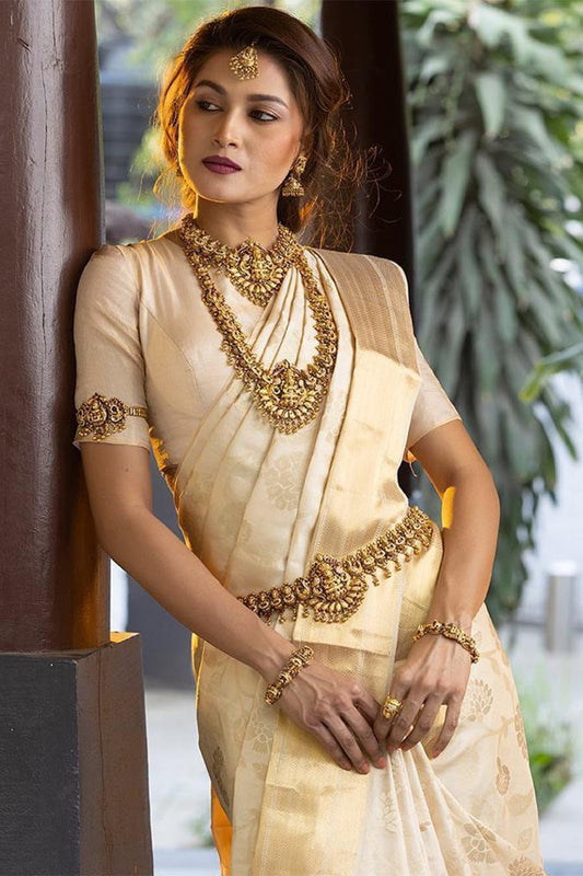 Ideal Beige Soft Banarasi Silk Saree With Tempting Blouse Piece