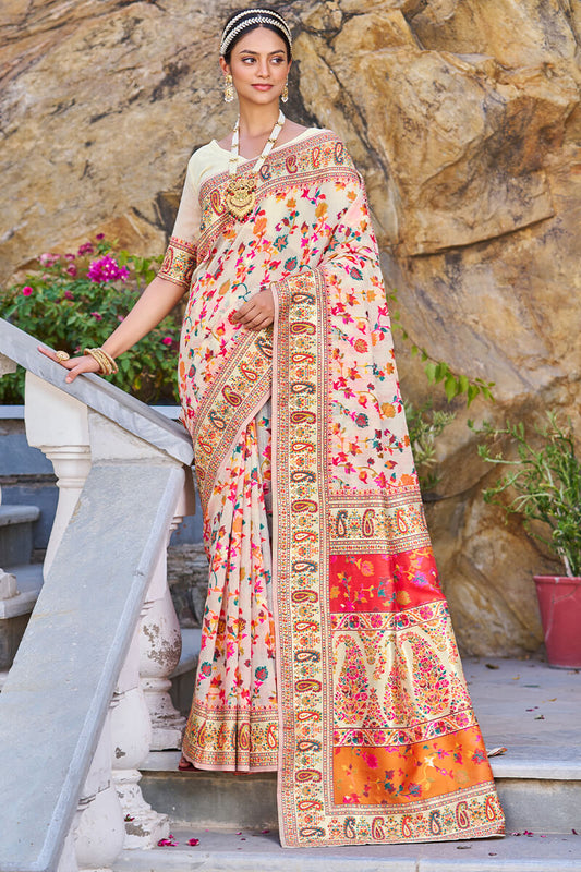 Mesmerising Beige Pashmina saree With Pleasurable Blouse Piece