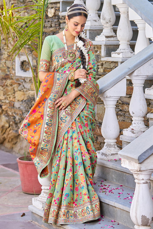 Staring Pista Pashmina saree With Efflorescence Blouse Piece