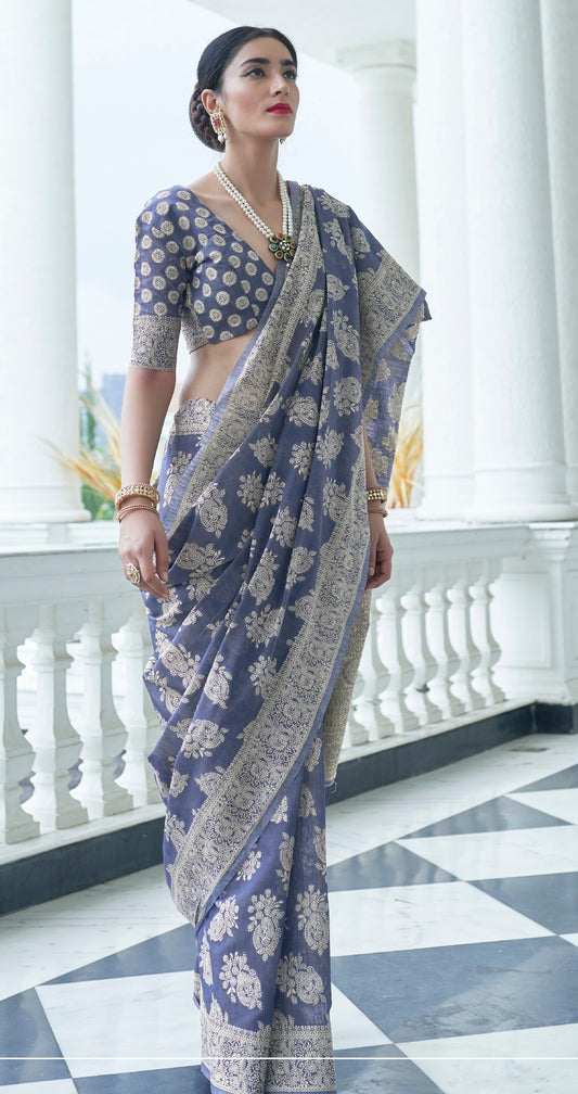 Woebegone Flattering Blue Lucknowi Silk Saree With Entrancing Blouse Piece