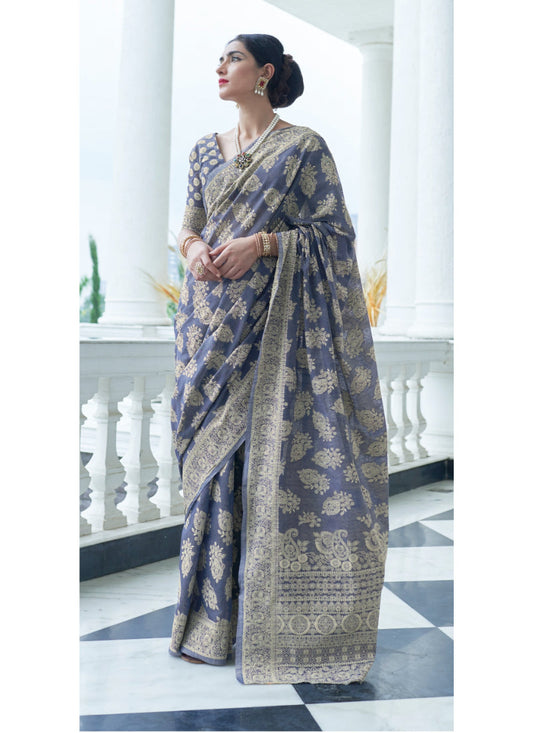 Woebegone Flattering Blue Lucknowi Silk Saree With Entrancing Blouse Piece