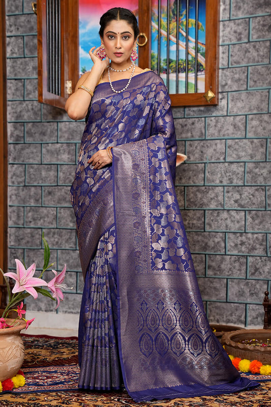 Breathtaking Navy Blue Kanjivaram Silk Saree With Adorable Blouse Piece