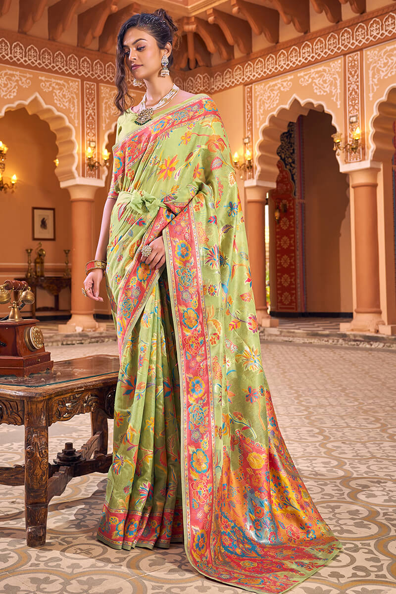 Pista Rich Silk Jacquard Designer Saree With Smart Ethnic Printed main image 0