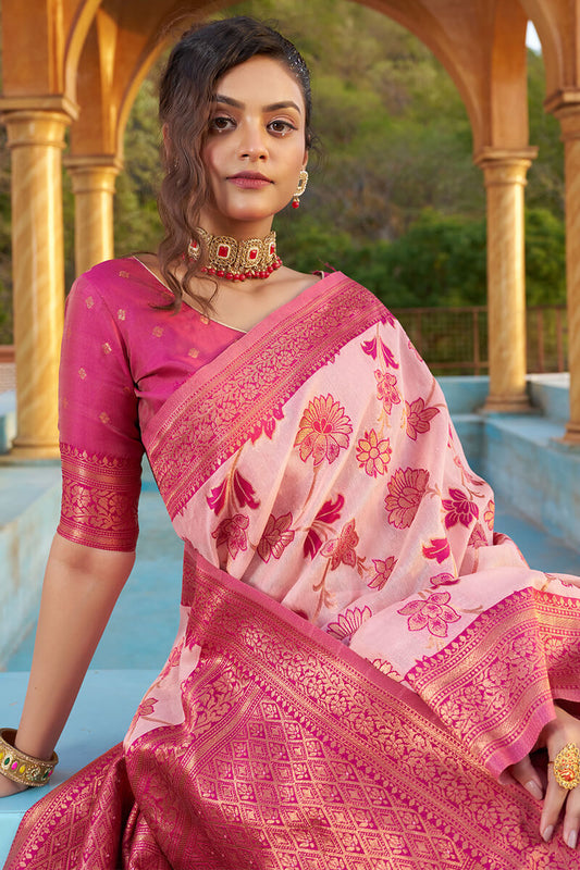 Glowing Baby Pink Organza Silk Saree With Lissome Blouse Piece