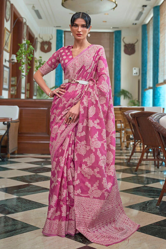 Gorgeous Pink Lucknowi work Silk Saree With Fancifull Blouse Piece