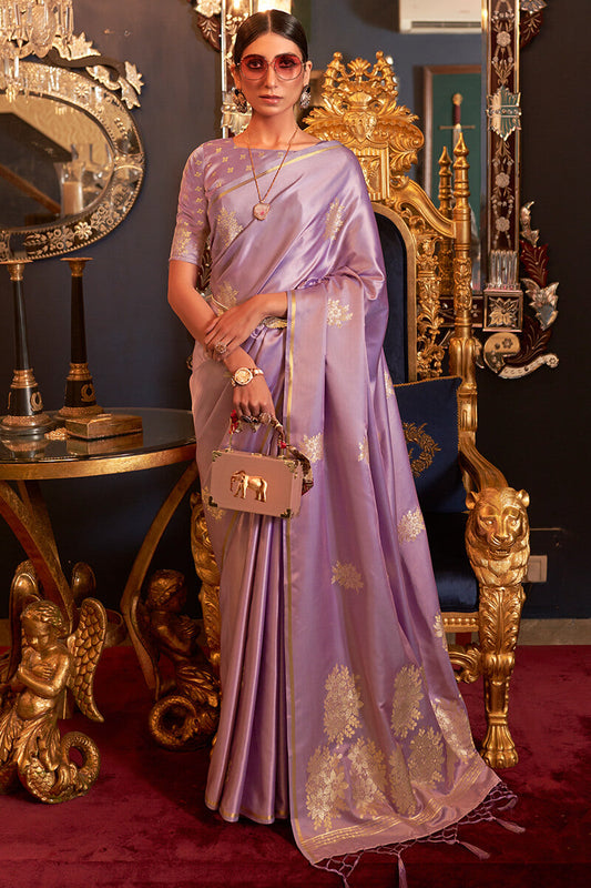 Classy Lavender Soft Banarasi Silk Saree With Devastating Blouse Piece