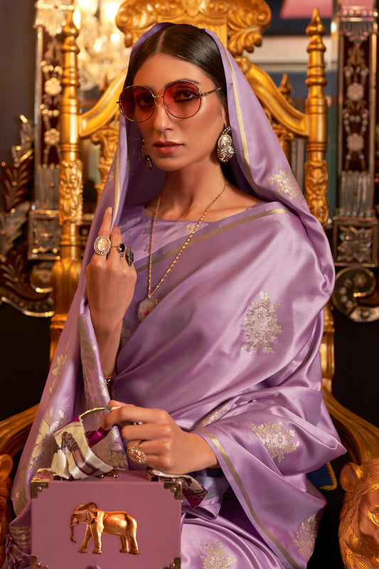 Classy Lavender Soft Banarasi Silk Saree With Devastating Blouse Piece
