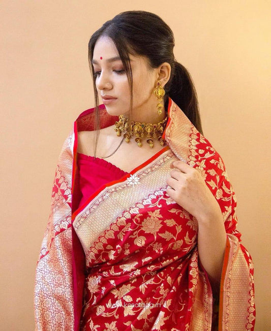 Sizzling Red Soft Banarasi Silk Saree With Impressive Blouse Piece