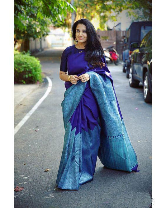 Symmetrical Blue Soft Silk Saree With Dalliance Blouse Piece