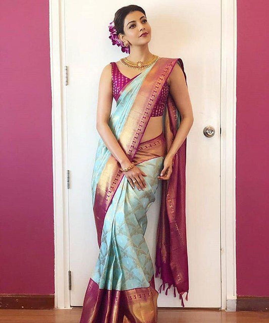 Serendipity Sky Soft Banarasi Silk Saree With Incomparable Blouse Piece