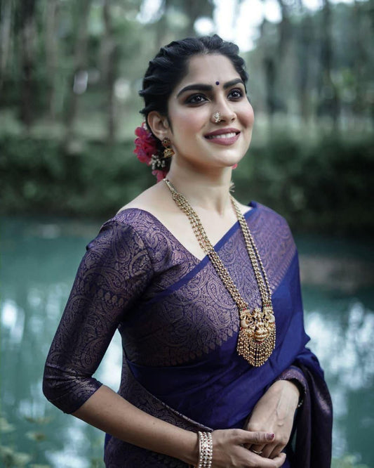 Imbrication Navy Blue Soft Silk Saree With Angelic Blouse Piece