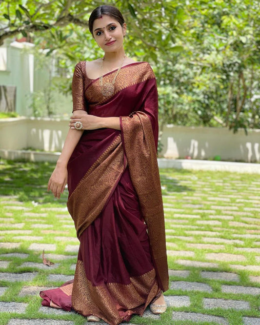 Snazzy Wine Soft Silk Saree With Wonderful Blouse Piece