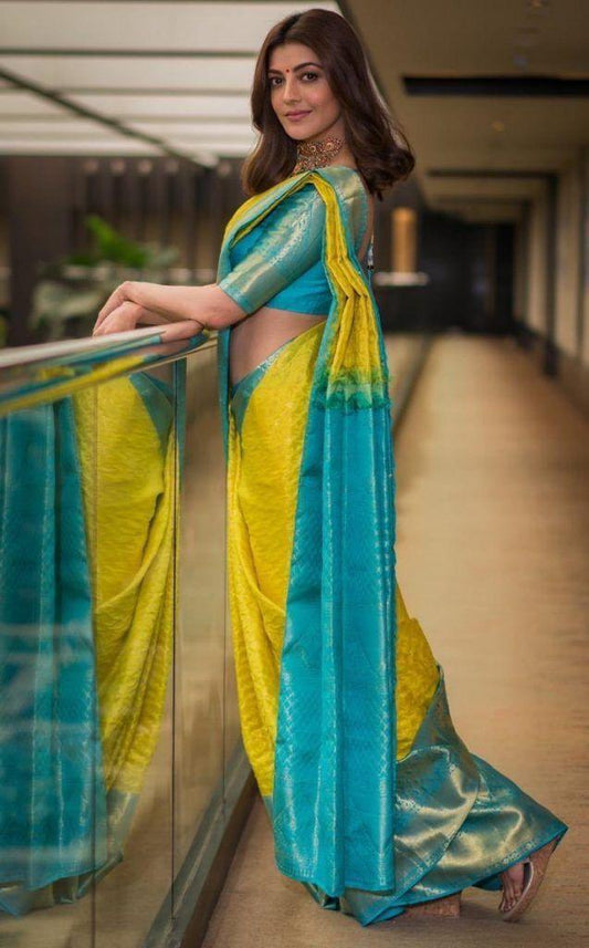 Refreshing Yellow Soft Silk Saree With Extraordinary Blouse Piece